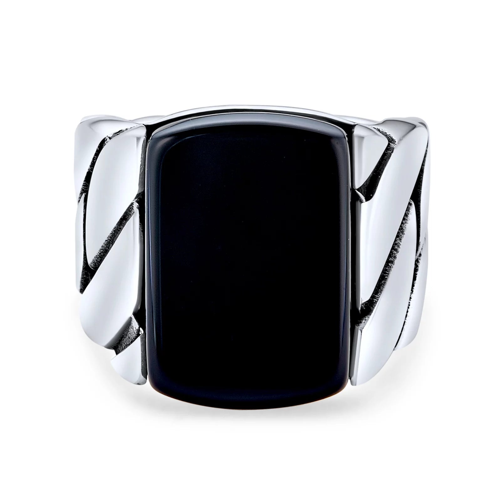 Mens Mens Silver Ring: Biker Urban Classic Braided Cable Wheat Chain Band with Black Onyx