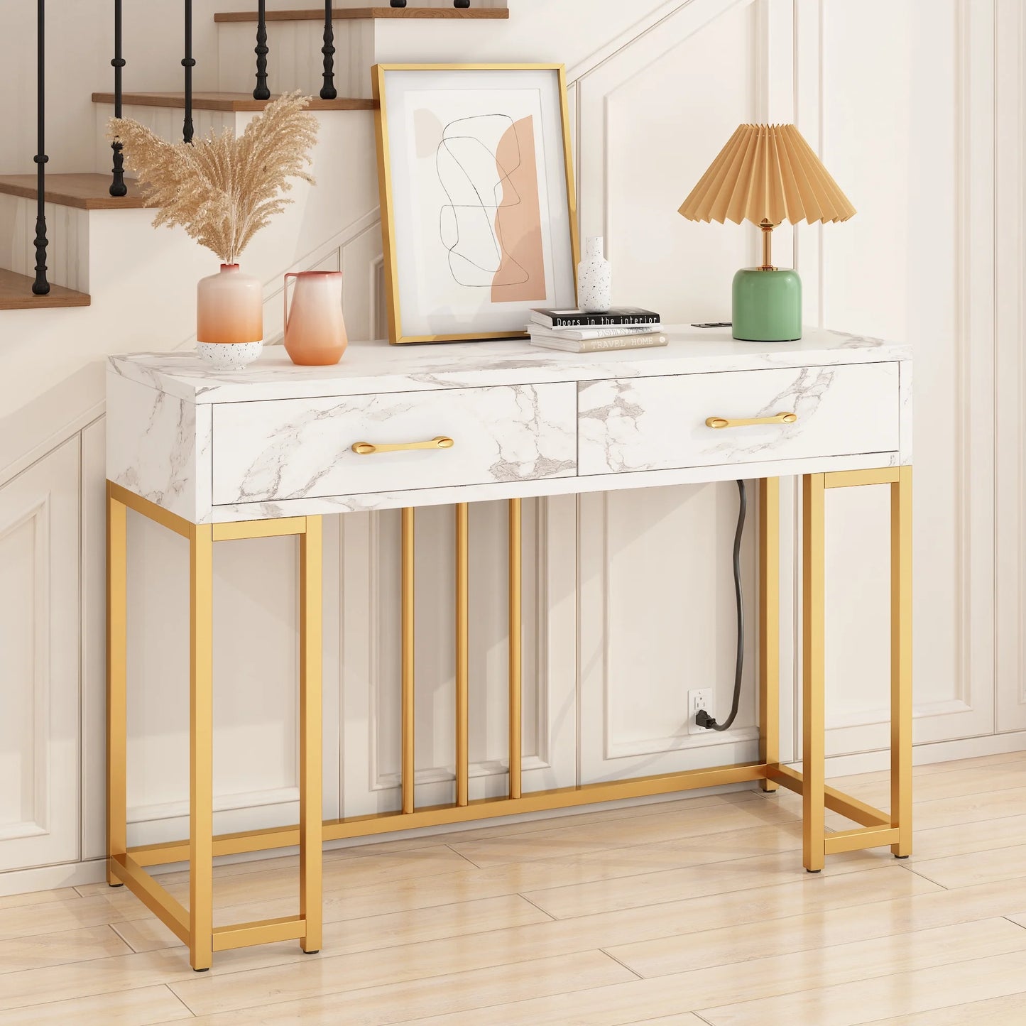 Modern Console Table with Drawers, Outlets & USB (Gold/White)